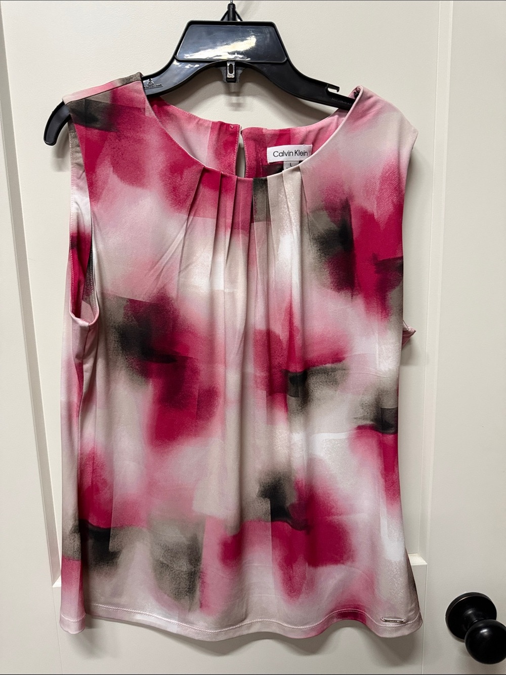 Calvin Klein Pink, Black & White Sleeveless Pleated Neck Blouse